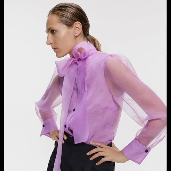 Zara Lavender Sheer Bow-Tie Blouse - Picture 13 of 16